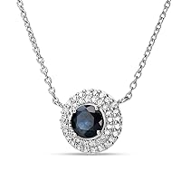 Miore diamond and sapphire necklace in 9 karat 375 white gold halo setting pendant with 2 rows natural diamonds 0.17 carat centre stone natural blue sapphire 0.58 carat, length 45 cm