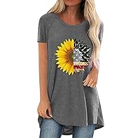 4Th of July Shirts for Women, Short Sleeve Patriotic Tops American Flag Sunflower Print T Shirt Stars Stripes Blouses