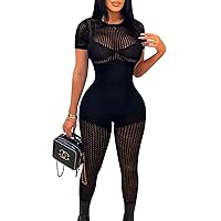 Women's Sexy See Through One Piece Short Sleeve Bodycon Outfit Cut Out Jumpsuit
