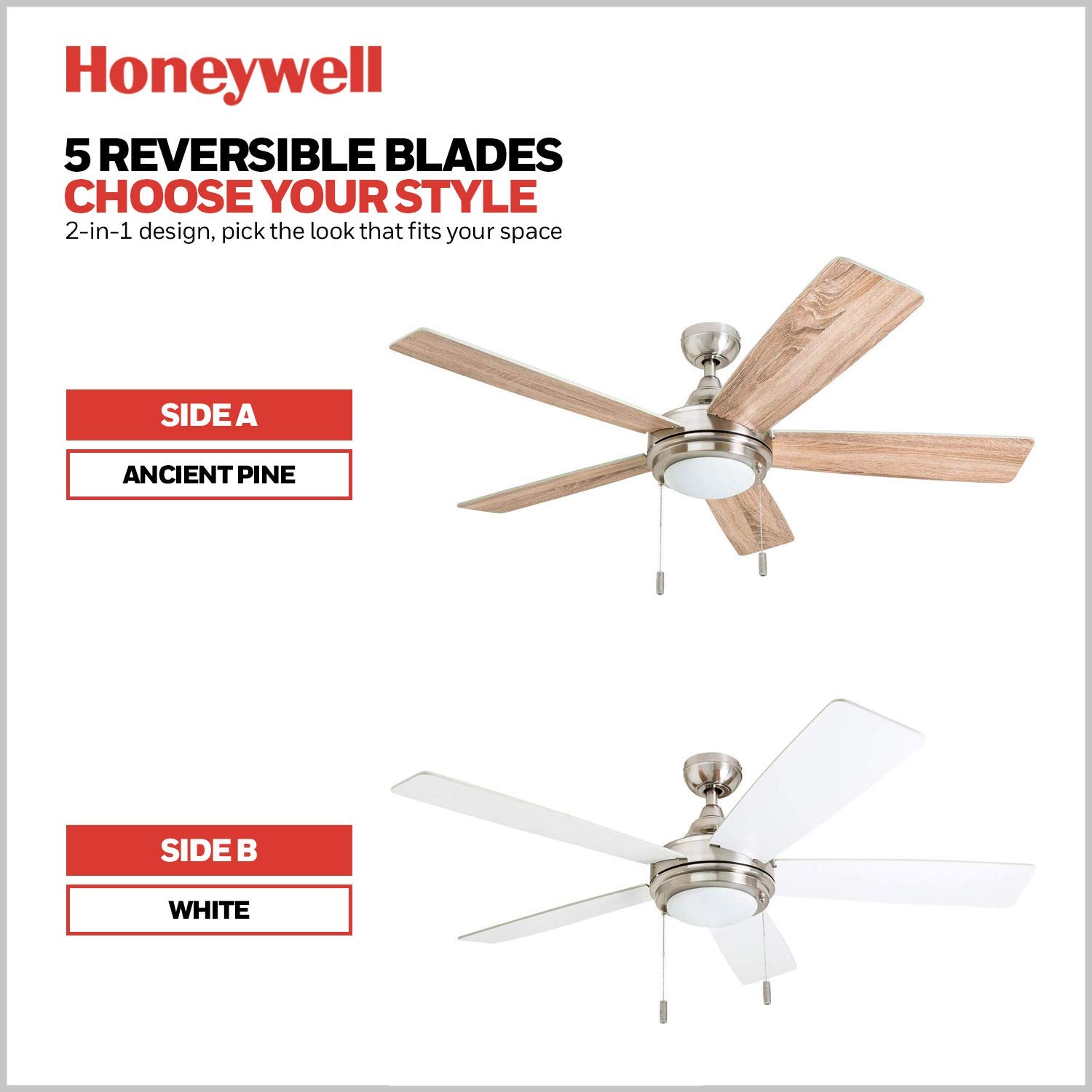 Honeywell Ceiling Fans Ventnor, 52 Inch Modern Farmhouse Indoor LED Ceiling Fan with Light, Pull Chain, Three Mounting Options, Dual Finish Blades, Reversible Motor - 50606-01 (Brushed Nickel)