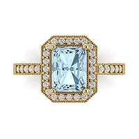 Clara Pucci 2.94 Emerald Cut Solitaire W/Accent Halo real Blue Simulated Diamond Anniversary Promise Wedding ring Solid 18K Yellow Gold