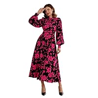 Midi Dresses for Women Floral Print Tie Neck Lantern Sleeve Dress midi Dresses for Women (Color : Multicolor, Size : Small)