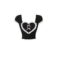 Milumia Women Y2k Bow Lace Trim Puff Sleeve Crop Tees Color Block Cute T-Shirts Tops