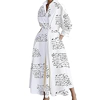 Guteidee Womens Cotton Linen Shirt Dress Pleated Button Print Long Dress Long Sleeve A-line Loose Swing Dress with Pockets