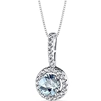 PEORA Aquamarine Pendant in 14K White Gold with White Topaz, 6mm Round Shape, Genuine Gemstone Birthstone, 1.02 Carats total, Halo Solitaire with 18 Inch Chain
