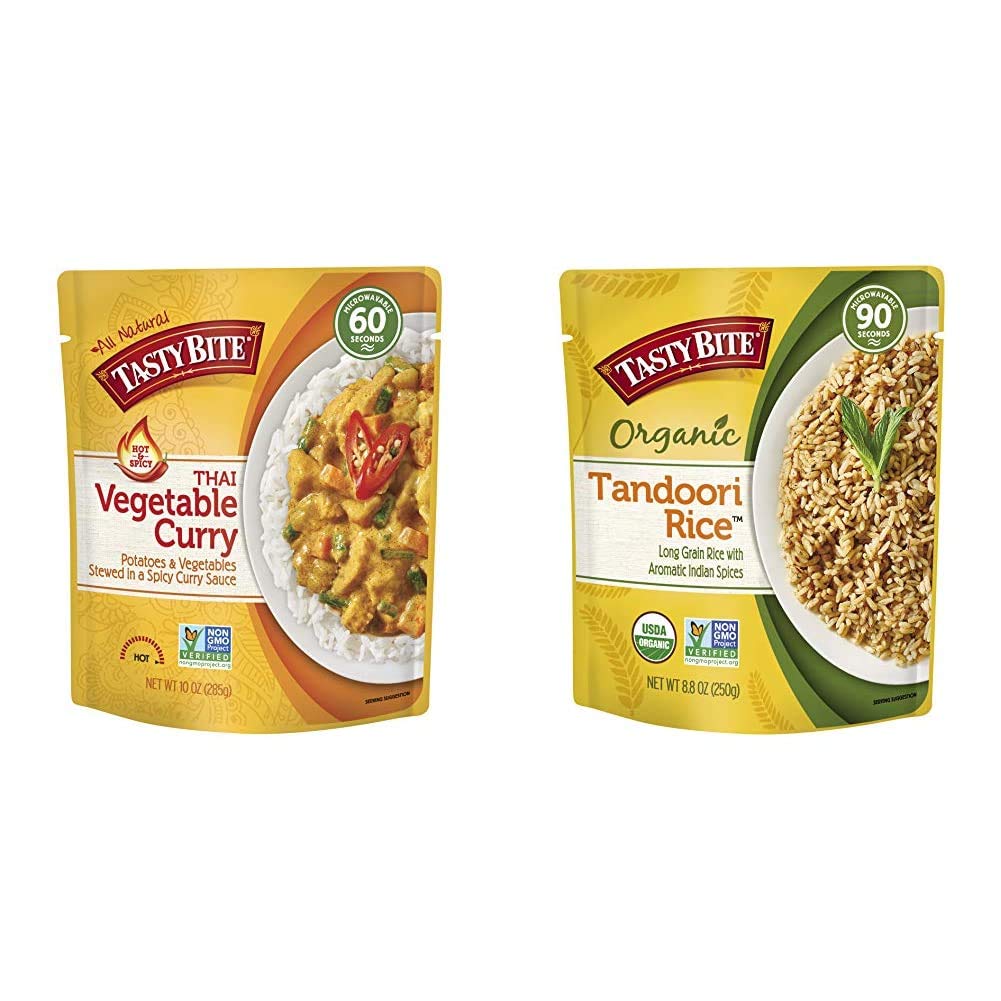 Tasty Bite Thai Entree Hot & Spicy Vegetable Curry, 10 Ounce (Pack of 6) & Rice Tandoori 8.8 Ounce (Pack of 6), Tandoori Style Indian Rice, Fully C...