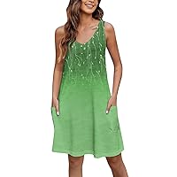 Floral Sundresses for Women Bohemian Dress for Women 2024 Summer Fashion Print Pretty Slim Fit Dress Sleeveless V Neck Dresses with Pockets Green 3X-Large
