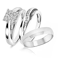 1/2 Ct Round Cut Sim Diamond 14K White Gold Fn Mens/Womens Engagement Ring Trio Set