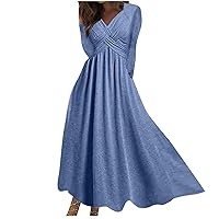 Womens Spring Long Sleeve Cross V-Neck Casual Flare Church Wedding Guest Work Dresses Solid Pleated Maxi Dress