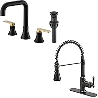 Black and Gold Bathroom Faucet Widespread, 360 Degree Swivel Oil Rubbed Bronze Kitchen Faucet 3 Hole or 1 Hole, 4-10 Inch Faucet Bathroom, Bathroom Faucets for Sink with 2 Handles & Pop-Up Drain
