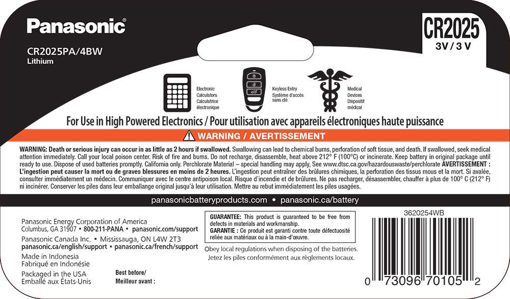 Panasonic CR2025 3.0 Volt Long Lasting Lithium Coin Cell Batteries in Child Resistant, Standards Based Packaging, 4 Pack