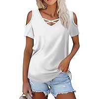 Cold Shoulder Tops for Women 2024 Solid Color Sexy Trendy Versatile with Short Sleeve Keyhole Neck Summer Shirts