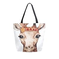 ALAZA Bohemian Cute Giraffe Portrait Boho Large Canvas Tote Bag Shopping Shoulder Handbag with Small Zippered Pocket