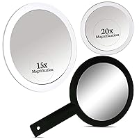 MIRRORVANA 20X & 15X Magnifying Mirror Set Combo with 3 Suction Cups Each - Compact & Travel Ready and Large & Comfy Hand Held Mirror with Handle - Barber Model in Black (Small (Double-Sided) Bundle
