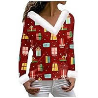 Women's Christmas Sweatshirts T Shirt Tee Shirt Long Sleeve Party Print Fleece Collar V Neck Top, S-3XL