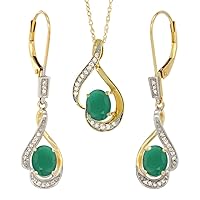 14K Yellow Gold Diamond Natural Emerald Lever Back Earrings & Necklace Set Oval 7x5mm, 18 inch long