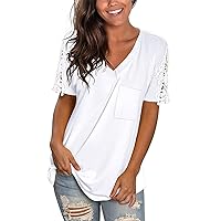 Firzero Lace Tops for Women Sexy Short Sleeve V Neck T Shirt Summer Casual Loose Fit Tunic Tee Fashion Soft Blouse 2024