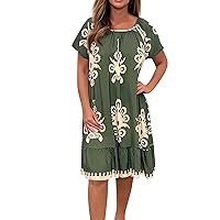 Women's Summer 2024 Short Sleeve Printed Mini Dress, Loose Square Neck Sundress Trendy Beach Plus Size Dresses