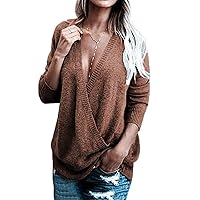 Andongnywell Women Knitted Wrap Front Sweater Deep V-Neck Loose Cross Knit Pullover Wrap Surplice Jumper Fall Top