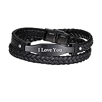 Personalized Mens Stainless Steel Leather Bracelet Custom Text Engraved Wristband Gift f/Boyfriend Dad Husband