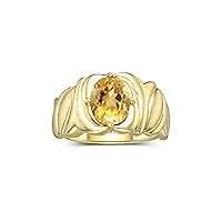 Solitaire 9X7MM Oval Gemstone Ring with Satin Finish Band Yellow Gold Plated Silver Birthstone Rings Size 5-13