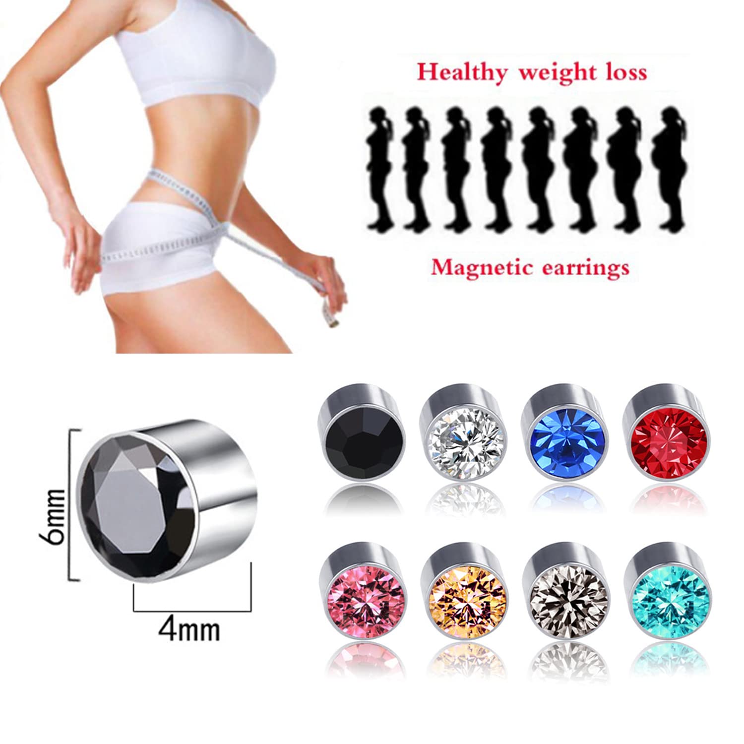 8 Pairs Magnetic Acupressure Slimming Earrings Non Piercing Acupressure Earrings for Weight Loss Crystal Magnetic Lymph Detox Earrings Therapy Fake Stud Earrings Set Unisex