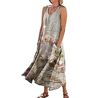 Women's Cotton Linen Maxi Sun Dress Crewneck Sleeveless Tshirt Long Flowy Casual Pocket Cute Printed Tank Dresses