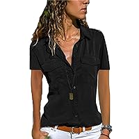 Andongnywell Womens Short Sleeve Shirts V Neck Collar Button Down Blouses Casual Loose Summer Tops