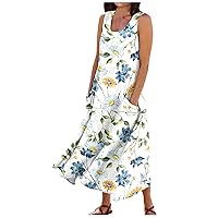 Womens Summer Dresses Loose Round Neck Flower Print Sleeveless Large Swing Dress with Pockets