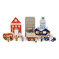 Happy Architect - Emergency - Set of 20 - Ages 2+ - Wooden Blocks for Preschoolers and Elementary Aged Kids - Includes Workers, Vehicles and Buildings, Model Number: FF431