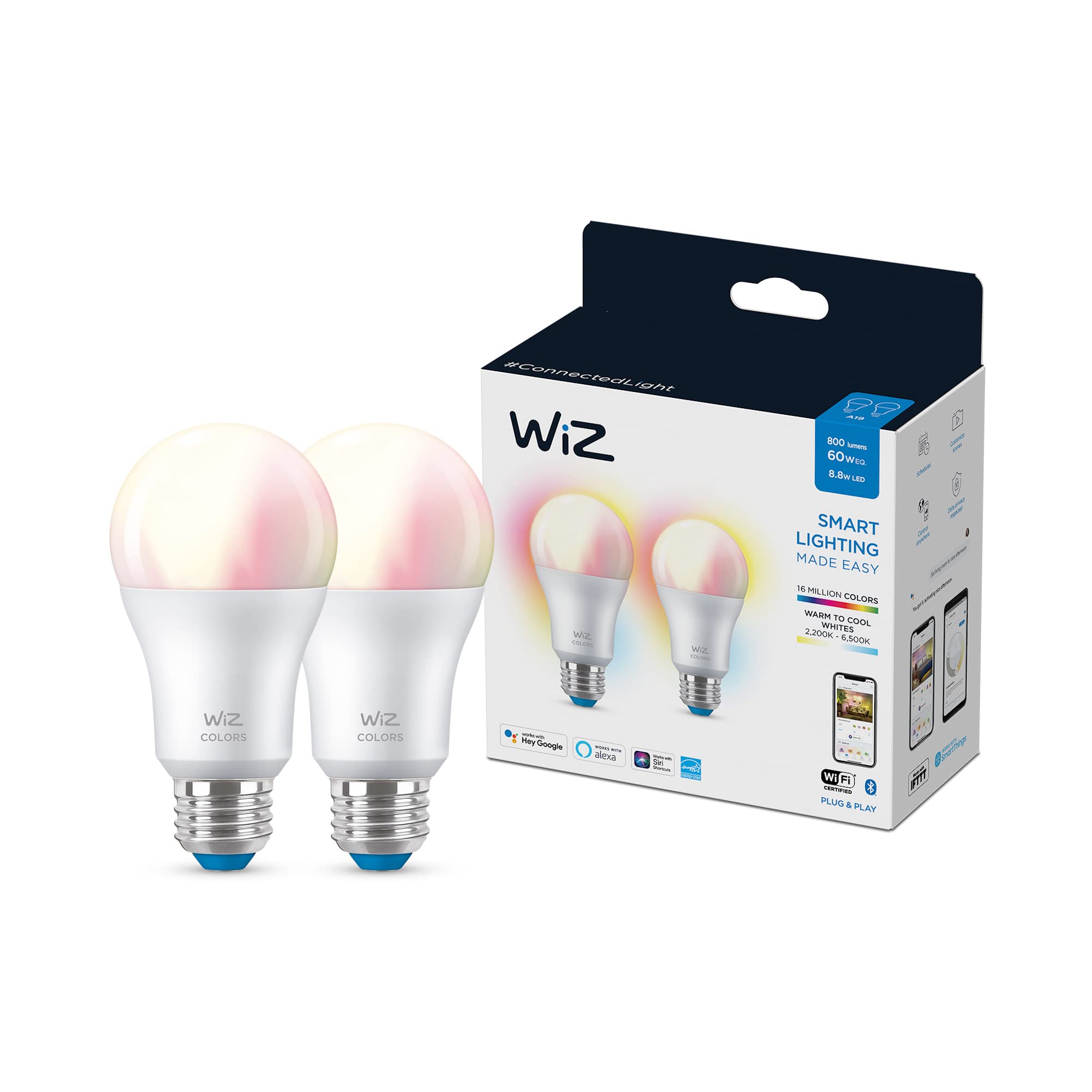 WiZ 60W A19 Color LED Smart Bulb - Pack of 2 - E26, Indoor - Connects to Your Existing Wi-Fi - Control with Voice or App + Activate with Motion - Matter Compatible