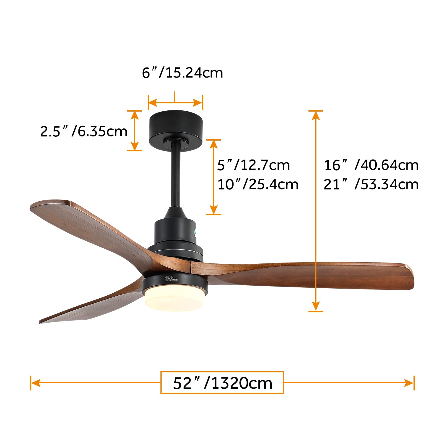Sofucor 52 Inch Ceiling Fan With Lights Remote Control 3 Wood Fan Blade Ceiling Fans Noiseless DC Motor Solid Walnut and Matte Black For Farmhouse Modern Style