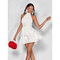Women's Dress Solid Tie Backless Layered Ruffle Hem Halter Dress Dresses for Women XIALON (Color : White, Size : Small)