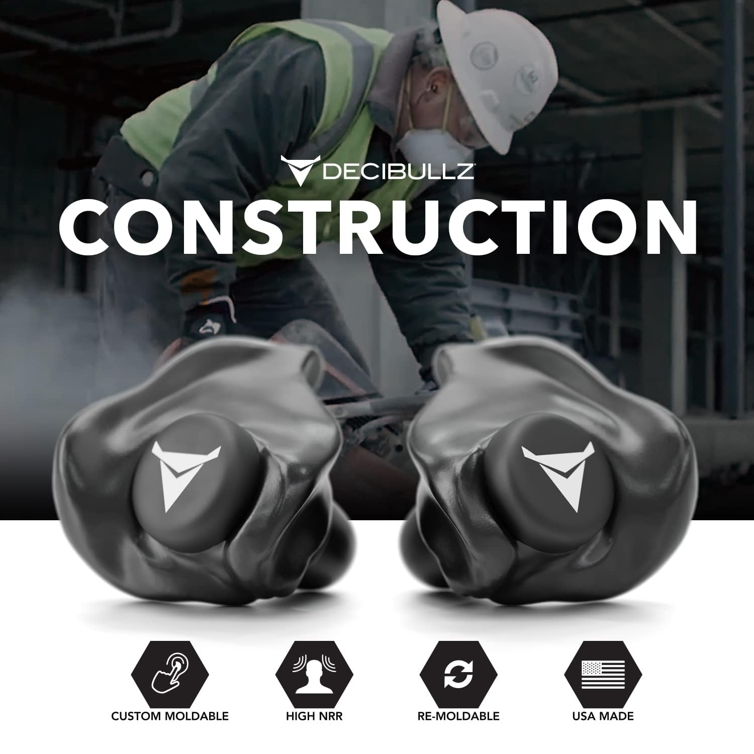 Decibullz - Custom Molded Earplugs, 31dB Highest NRR, Comfortable Hearing Protection for Shooting, Travel, Swimming, Work and Concerts (Black)