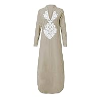 2023 Women Floral Kaftan Cotton Linen Maxi Dresses Summer Deep V Neck Long Sleeve Split Side Trendy Casual Dress