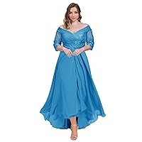 Mother of The Bride Dresses Lace Pleated Tea Length Plus Size Evening Formal Gowns 3/4 Sleeve V Neck Evening Dress A Line