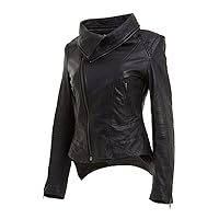 Ladies Black Short Retro Removable Collar Leather Biker Jacket (14)