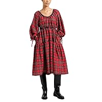 Women Boho Puff Sleeve Maxi Dress Vintage Square Neck Red Plaid A Line Dress Casual Christmas Swing Tiered Dress