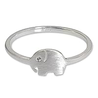NOVICA Artisan Handmade .925 Sterling Silver Band Ring Brushed Satin with Cubic Zirconia Clear Thailand Animal Themed Birthstone Elephant 'Twinkling Elephant'