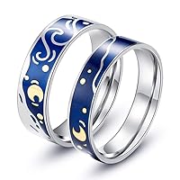 Romantic Blue Van Gogh's Sky Rings Couple Stainless Steel Star Moon Promise Engagement Wedding Band for Men Women