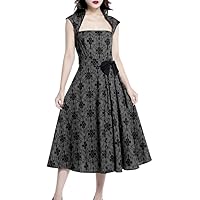 (XS, SM, LG, XL or XXL) Lucy - Gray w Black Print 30s 40s Retro High Collar Belted Pleat Dress
