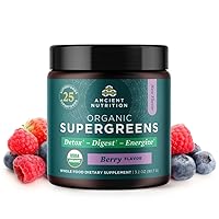 Ancient Nutrition SuperGreens Powder with Probiotics, Made from Real Fruits, Vegetables and Herbs, Digestive and Energy Support (12 Servings, Berry)