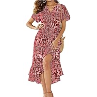 Women's Irregular V Neck Short Sleeve Polka Dot Corset Ruffle Hem Dress Resort Beach Long Dress