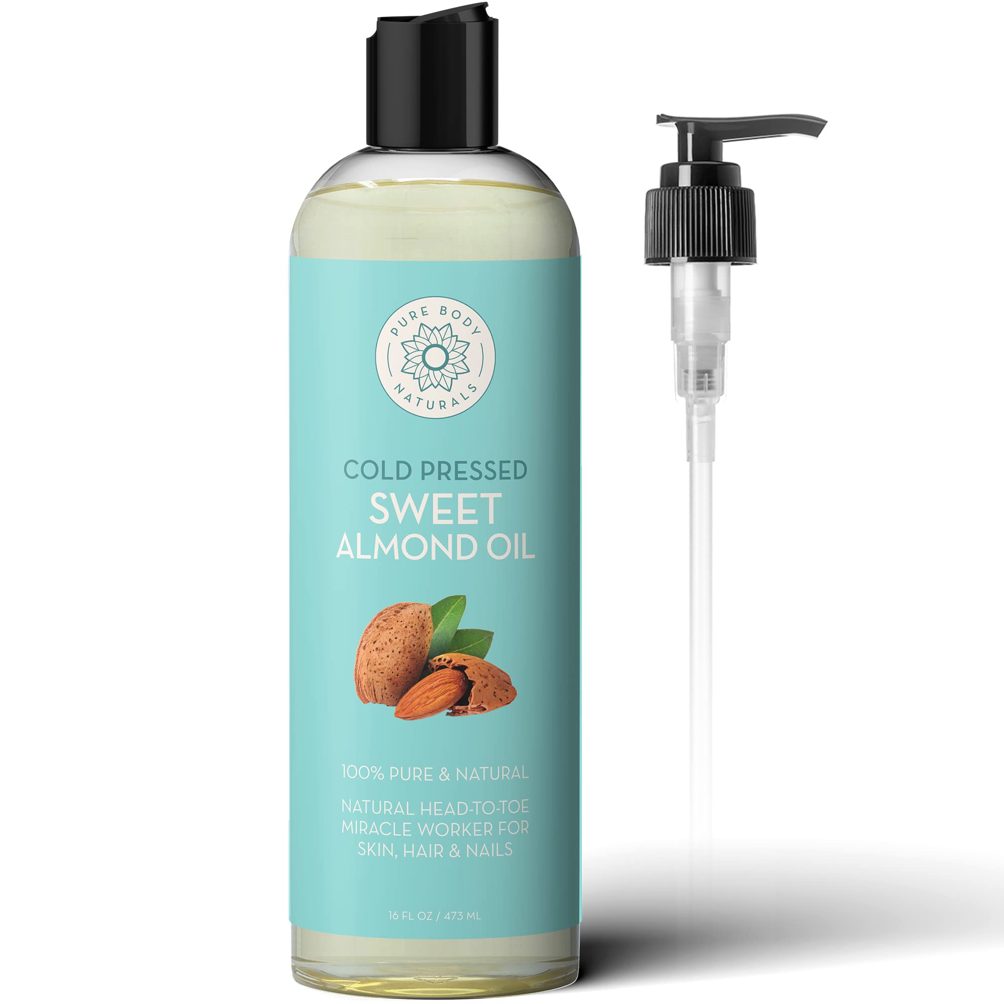 Pure Body Naturals Sweet Almond Oil for Hair and Skin, 100% Pure and Cold Pressed, Hexane Free, Skin Moisturizer, Nails, Therapeutic Massage, Carrier Oil 16 Fl. Ounce (Label Varies)