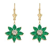 EMERALD AND DIAMOND DAISY LEVERBACK EARRINGS IN 14K YELLOW GOLD