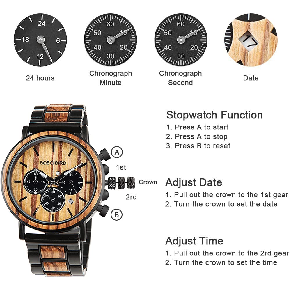 BOBO BIRD Wooden Mens Watches Stylish Wood & Stainless Steel Combined Chronograph Military Quartz Casual Wristwatches