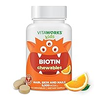 Kids Biotin 5000mcg Chewable Tablets - Tasty Natural Orange Flavor - Vegan, GMO-Free, Gluten Free, Nut Free - Dietary Supplement - Hair Skin and Nails Vitamins for Children - 120 Chewables