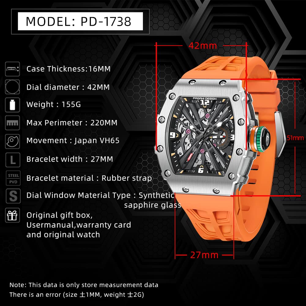 RollsTimi Pagani Design 1738 Men's Tonneau Quartz Watches Japan VH65 Movement Skeleton Dial Rubber Band Waterproof Sport Rectangle Square Watch for Men