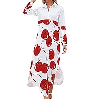 Fresh Red Cherries Women's Shirt Dress Long Sleeve Button Down Shirts Dress Casual Loose Maxi Dresses