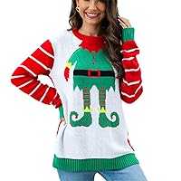 Womens Ugly Christmas Sweater Novelty Santa Print Crew Neck Long Sleeve Jumpers Fashion Casual Kint Pullover Tops